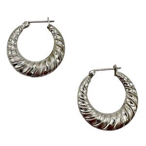 Sterling Silver Puffy Twist Scalloped Shrimp Hoops Textured 7/8 Inch